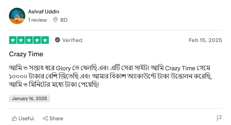 আশরাফ উদ্দিনের একটি ৫-তারা বাংলা রিভিউ গ্লোরি ক্যাসিনো সম্পর্কে, যেখানে "Crazy Time" গেমে জেতার কথা উল্লেখ আছে।
